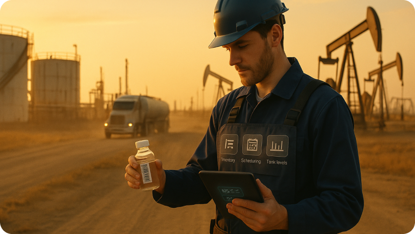 Man wearing helmet holding a bottle and using a tablet device in an oil field with oil pumps in the background during sunset