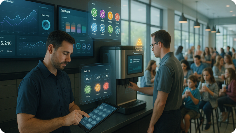 Man wearing helmet holding a bottle and using a tablet device in an oil field with oil pumps in the background during sunset
