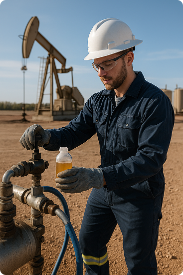 Man wearing helmet and gloves working with a valve and holding a bottle at an oil field with oil pumps in the background