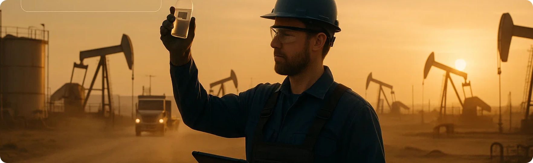 Oil field engineer wearing a helmet and holding a sample container with oil pumps in the background at sunset